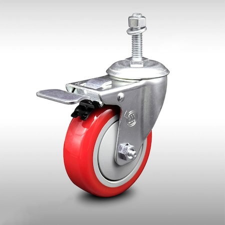 4 Inch SS Red Polyurethane 3/8 Inch Threaded Stem Caster With Total Lock Brake